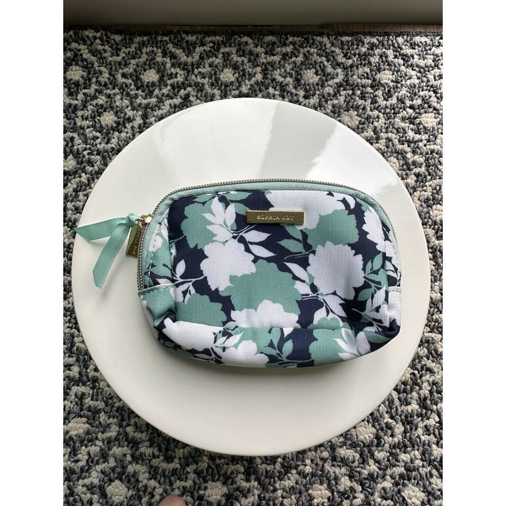 Sophia Joy Floral Zip Close Cosmetic Bag Travel Small Teal 6.5” Navy White